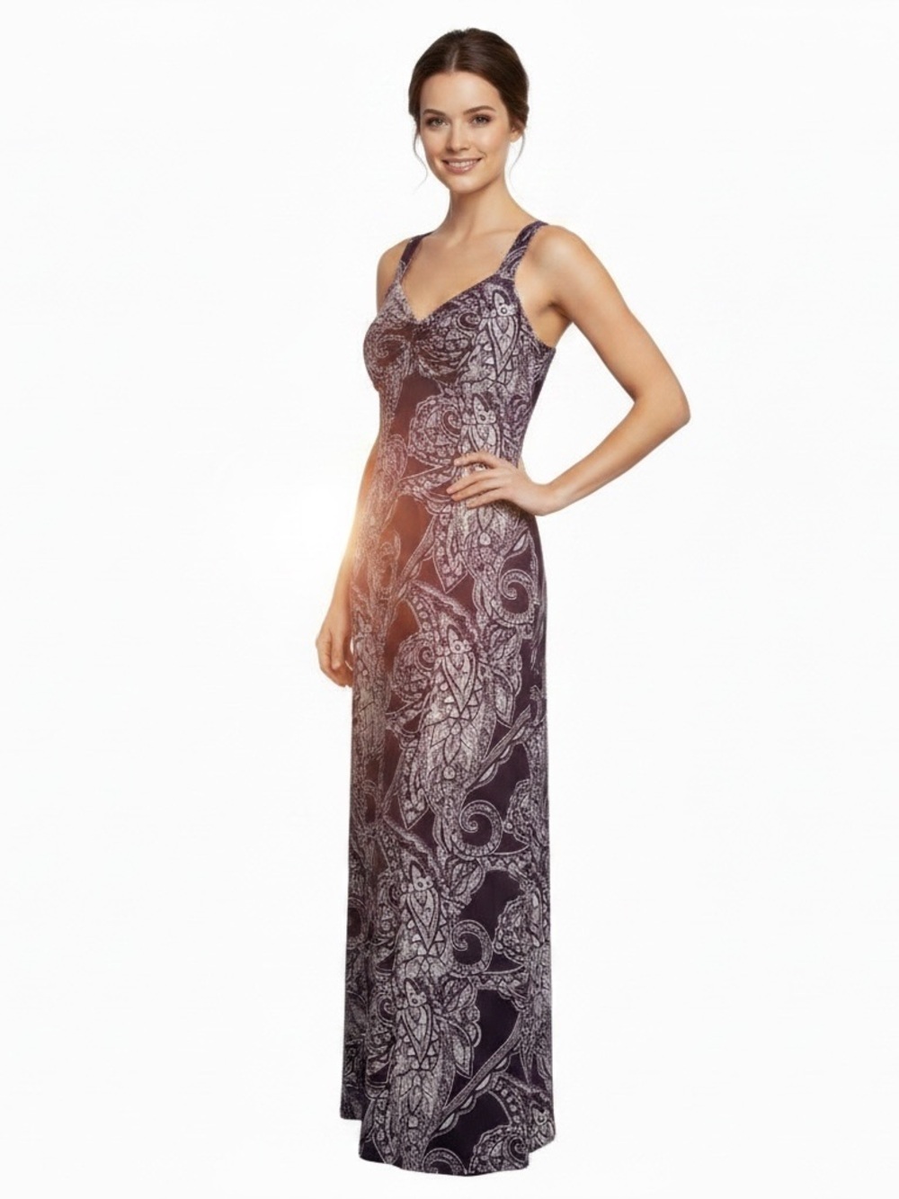 I-N-C International Concepts Purple Paisley Maxi Dress Built in Shelf Bra | EUC